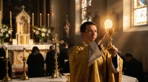 Familia católica orando juntos antes de la cena con un crucifijo en la pared