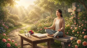 Mujer meditando en un jardín con una Biblia abierta y una cruz