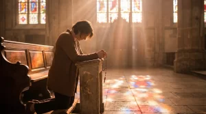 Persona católica rezando el rosario en una catedral iluminada