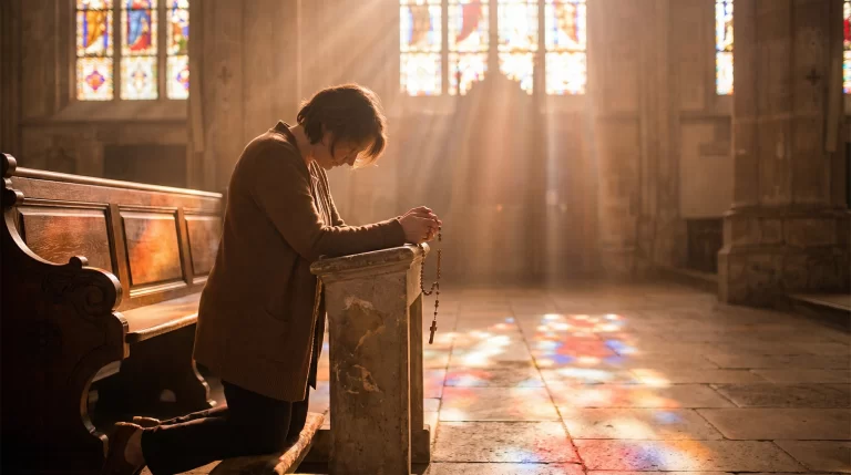 Persona católica rezando el rosario en una catedral iluminada