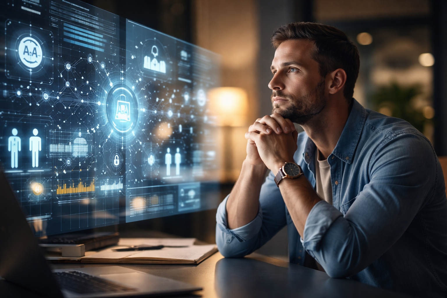 Persona reflexionando sobre ética y tecnología frente a una pantalla digital moderna