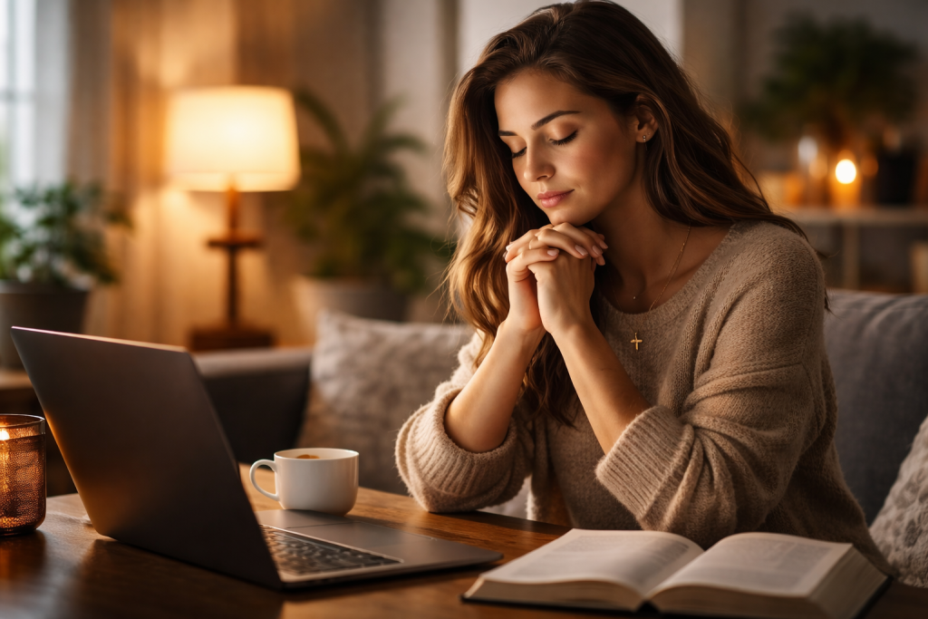 Persona utilizando tecnología mientras reflexiona espiritualmente