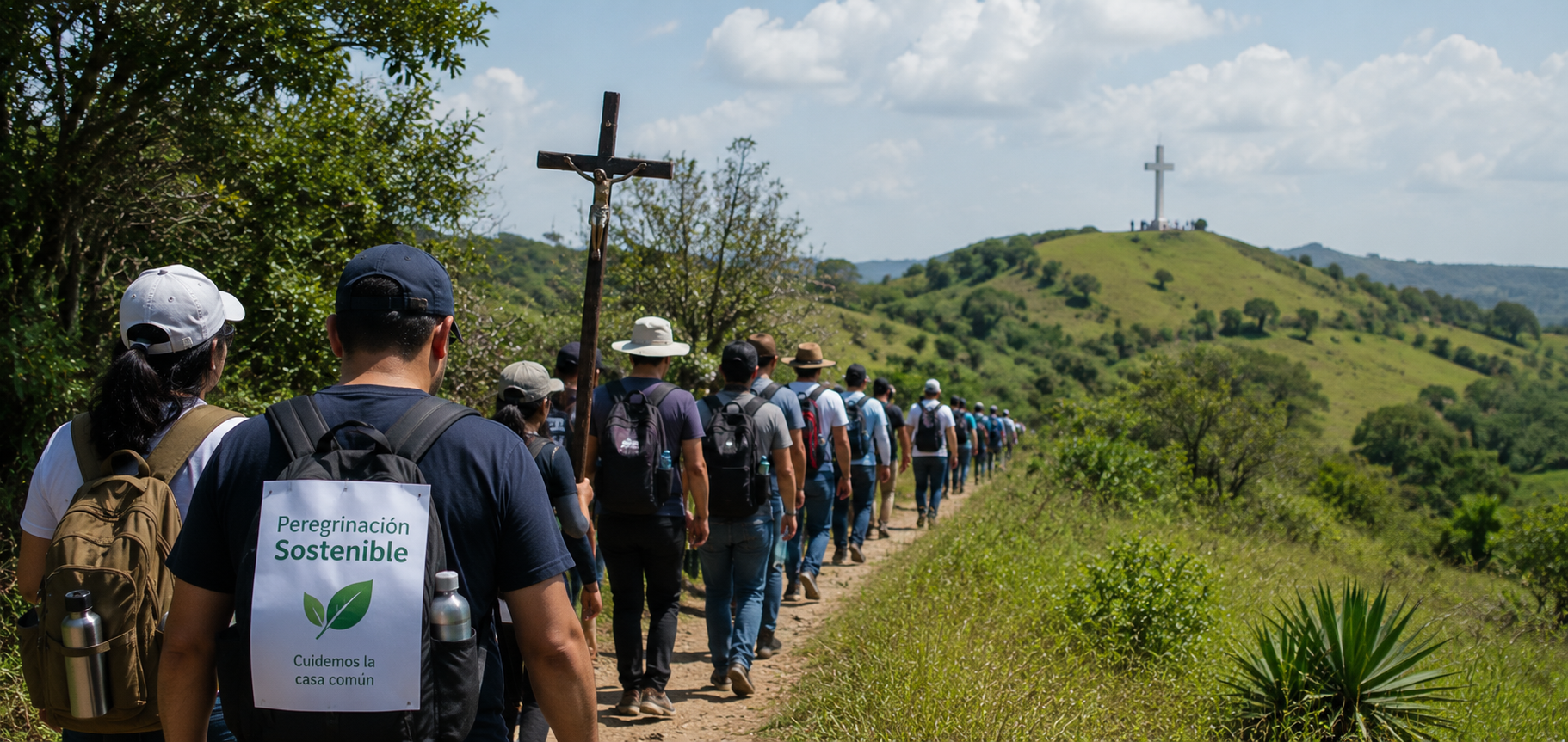 Grupo de peregrinos católicos caminando por un sendero natural durante una peregrinación sostenible