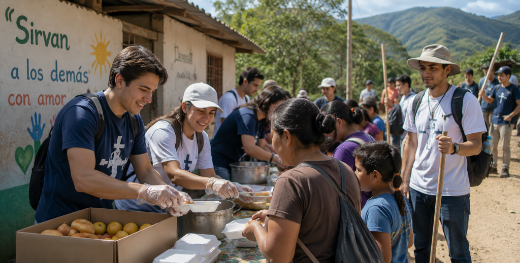 Grupo de voluntarios y peregrinos participando en actividades comunitarias durante una peregrinación