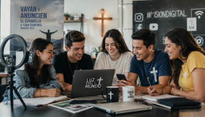 Jóvenes católicos utilizando tecnología durante una actividad de evangelización digital