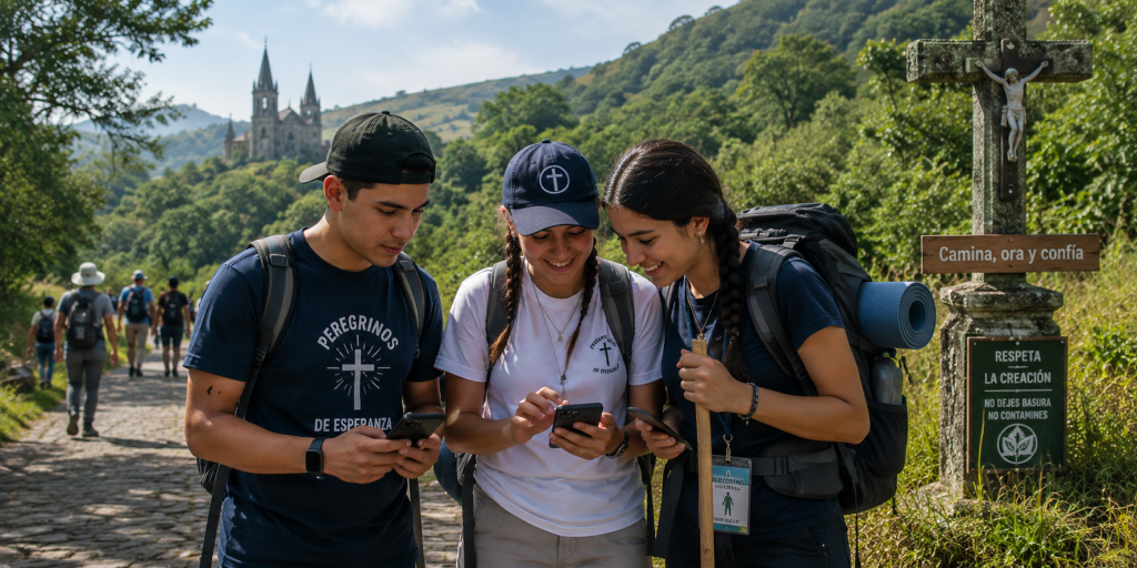 Jóvenes peregrinos utilizando aplicaciones móviles durante una peregrinación católica