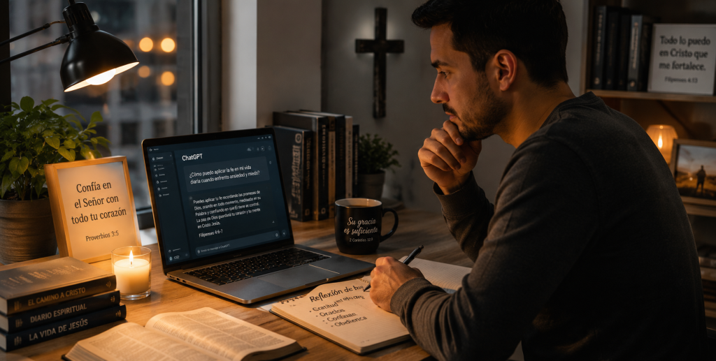 Persona utilizando inteligencia artificial mientras realiza una reflexión espiritual