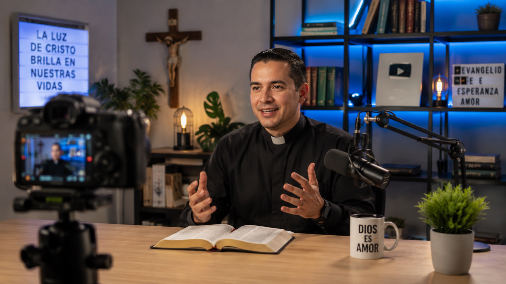 Sacerdote grabando contenido religioso para redes sociales en un estudio moderno