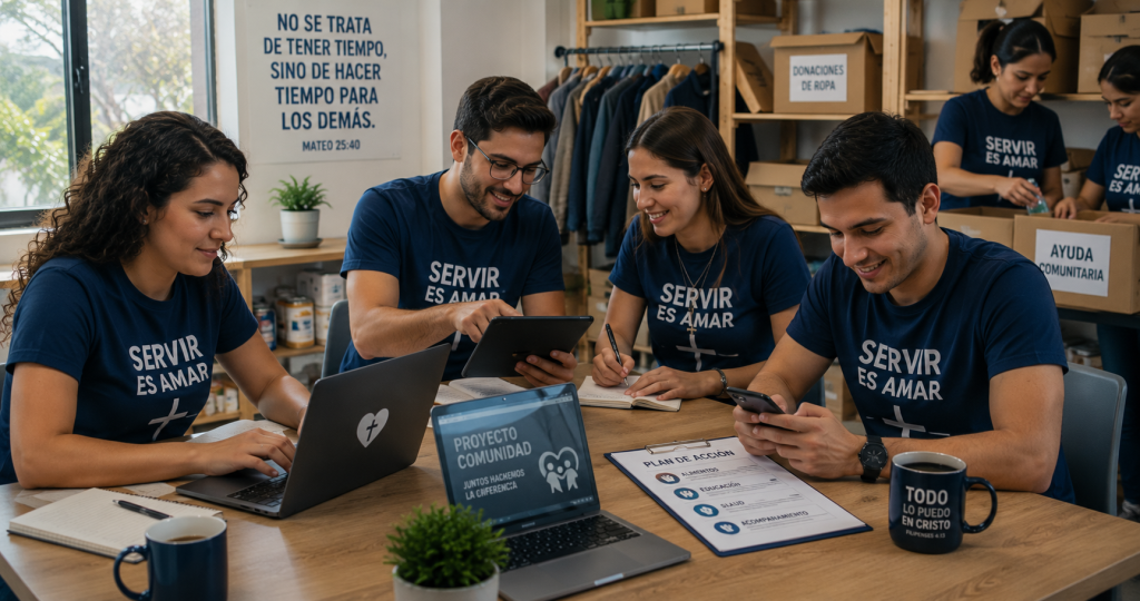 Voluntarios católicos utilizando herramientas digitales para proyectos de ayuda comunitaria