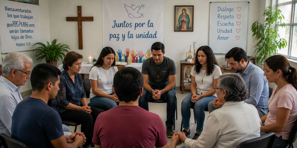 Fieles católicos reunidos en oración y diálogo por la paz y la unidad