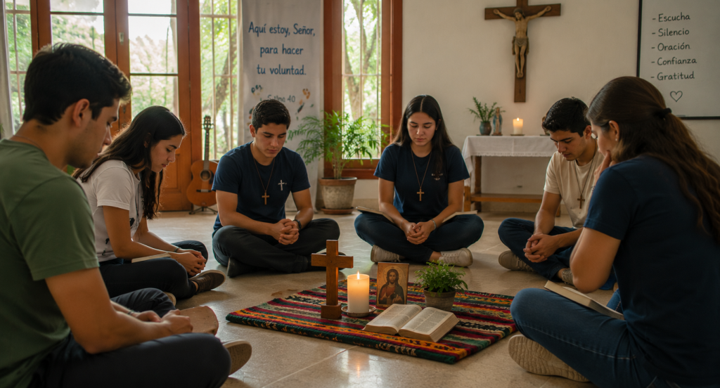 Grupo de jóvenes participando en una jornada de oración y reflexión espiritual