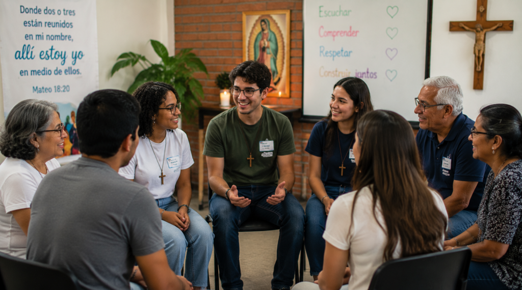 Grupos católicos de diversas edades dialogando y compartiendo experiencias en comunidad