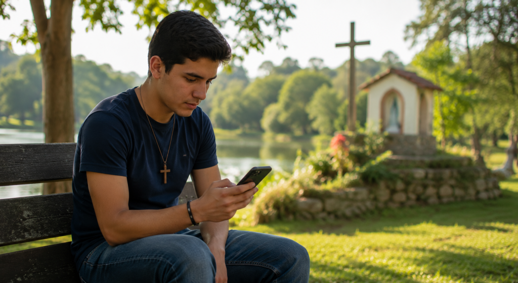 Joven católico reflexionando mientras utiliza su teléfono móvil en un entorno tranquilo
