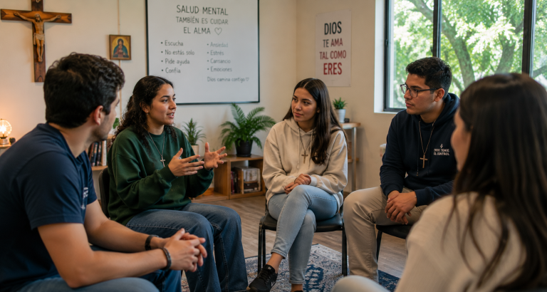 Jóvenes católicos participando en una conversación sobre salud mental y bienestar emocional