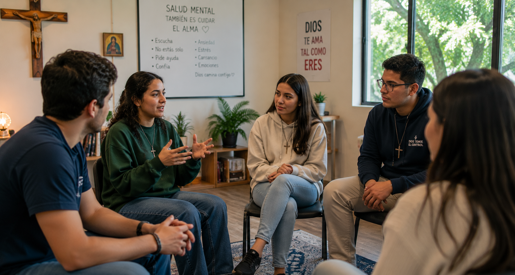 Jóvenes católicos participando en una conversación sobre salud mental y bienestar emocional
