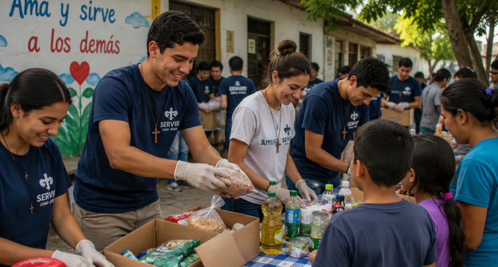 Jóvenes voluntarios católicos colaborando en actividades de servicio comunitario