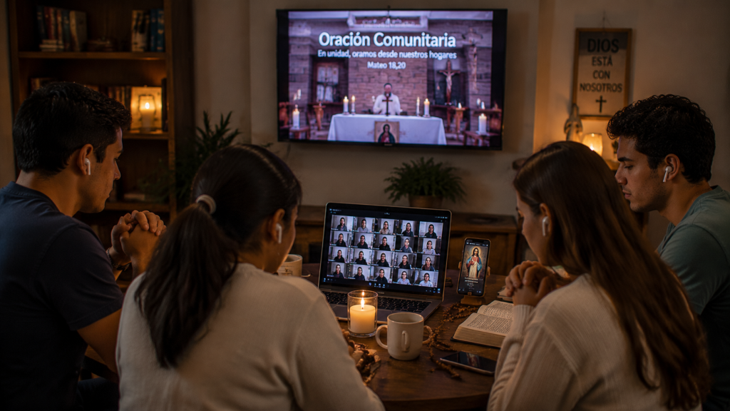 Comunidad católica participando en oración digital con apoyo tecnológico