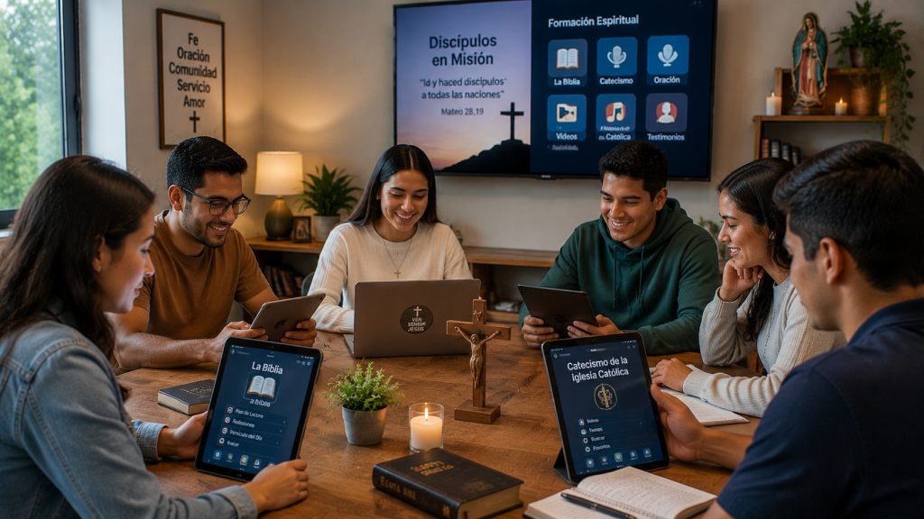 Comunidad católica utilizando tecnología digital para formación espiritual y aprendizaje religioso