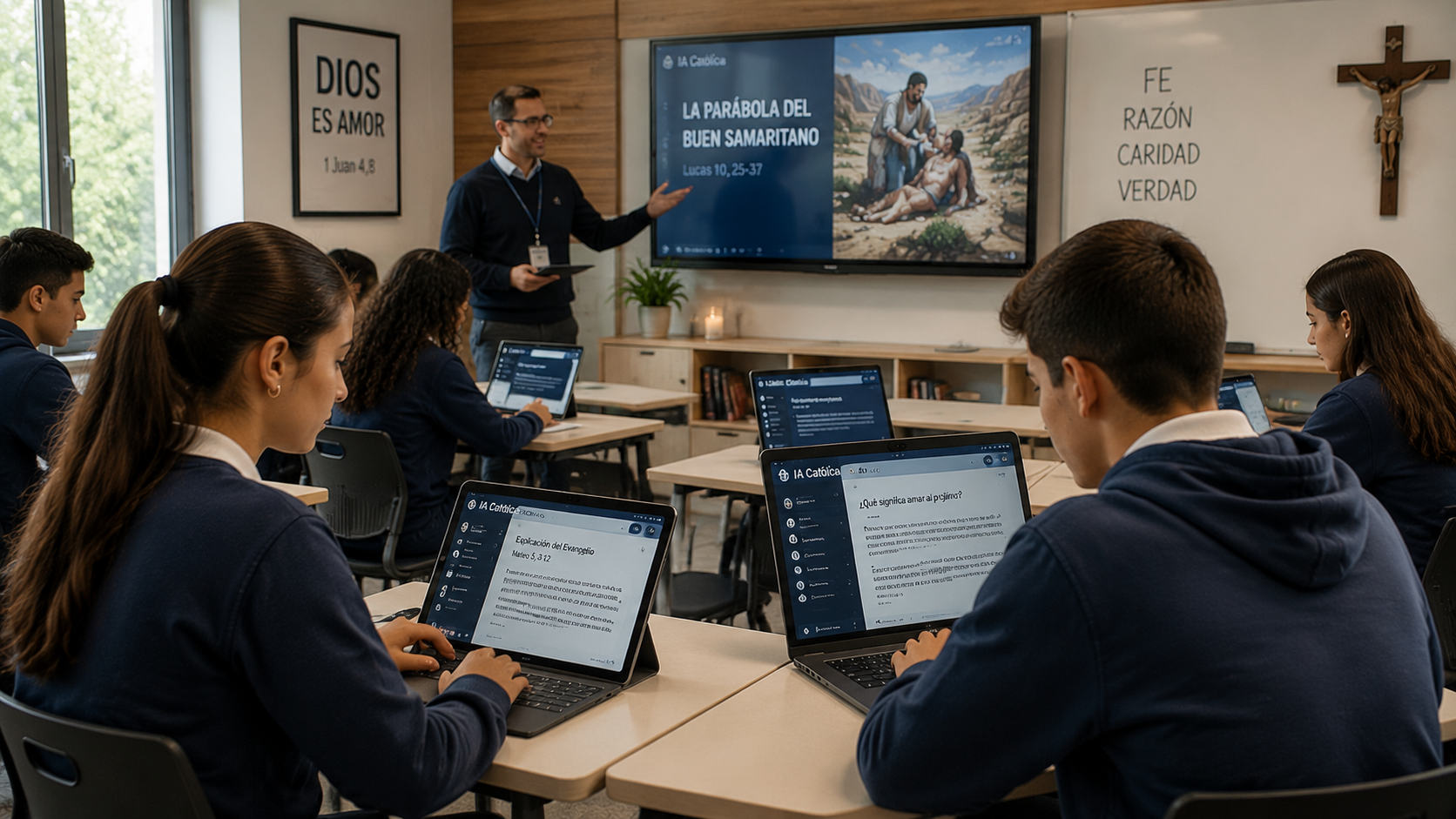 Estudiantes católicos utilizando inteligencia artificial en una clase de formación religiosa moderna