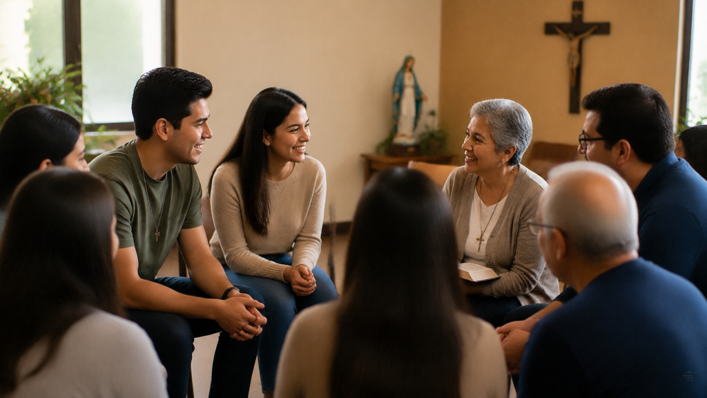 Grupo católico compartiendo apoyo emocional y espiritual en una reunión comunitaria