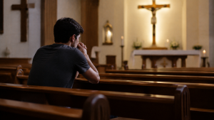 Joven católico reflexionando sobre la esperanza cristiana durante un momento de oración