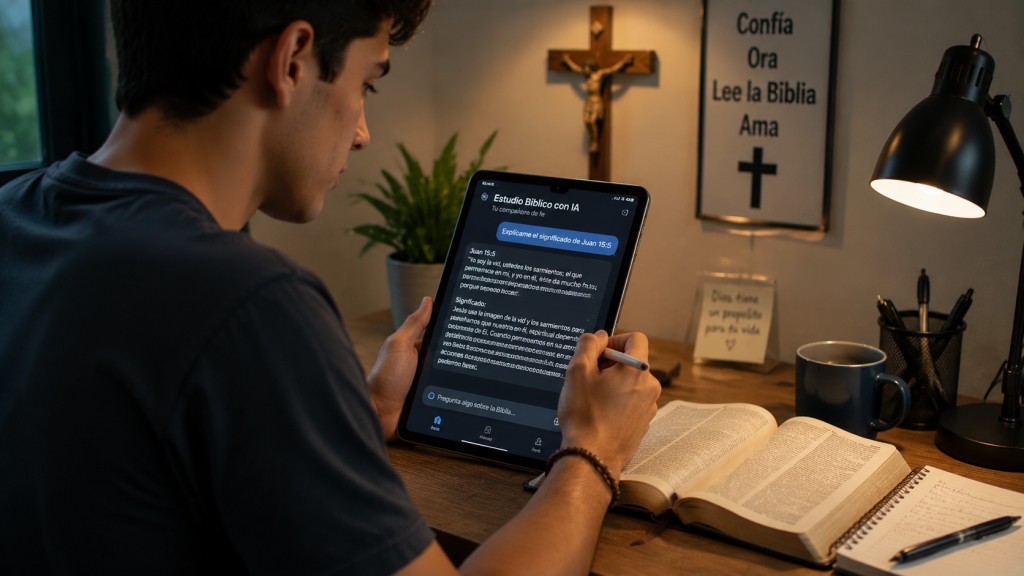 Joven católico usando aplicación de inteligencia artificial para estudio bíblico