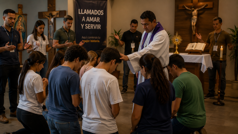 Jóvenes católicos y adultos en un retiro espiritual durante ceremonia de conversión y vocación
