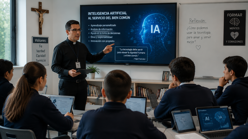 Profesor católico explicando tecnología e inteligencia artificial a estudiantes en aula moderna