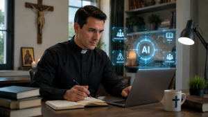 Sacerdote utilizando inteligencia artificial en evangelización digital moderna