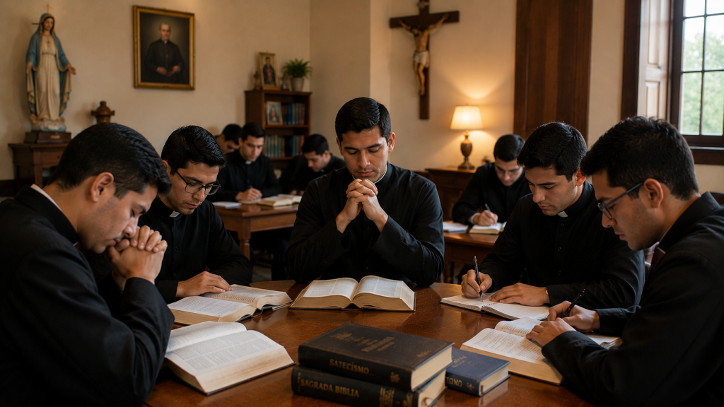 Seminario católico con aspirantes a sacerdocio orando y estudiando juntos