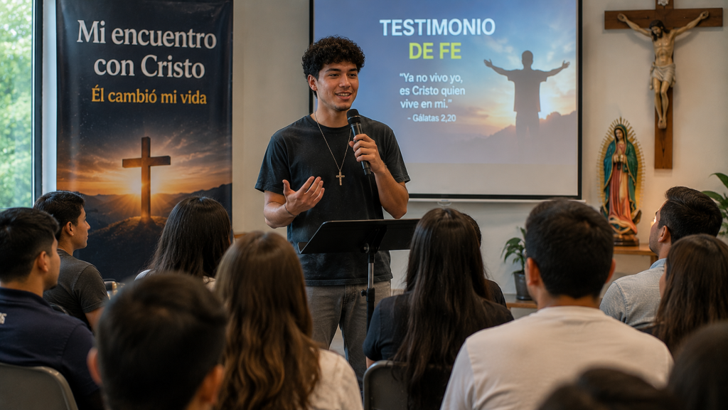 Un joven converso católico comparte su testimonio de fe durante un evento parroquial
