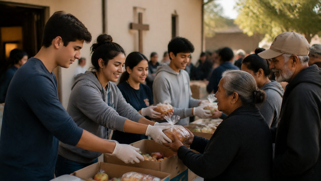 Voluntarios católicos ayudando a la comunidad como expresión de esperanza cristiana