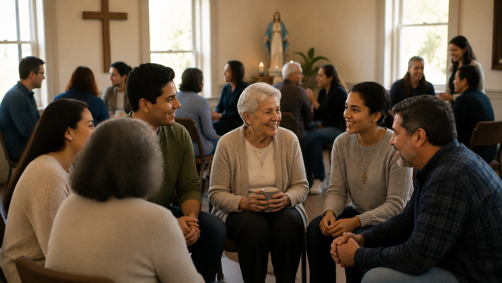 Comunidad católica reunida en una parroquia compartiendo apoyo y acompañamiento espiritual