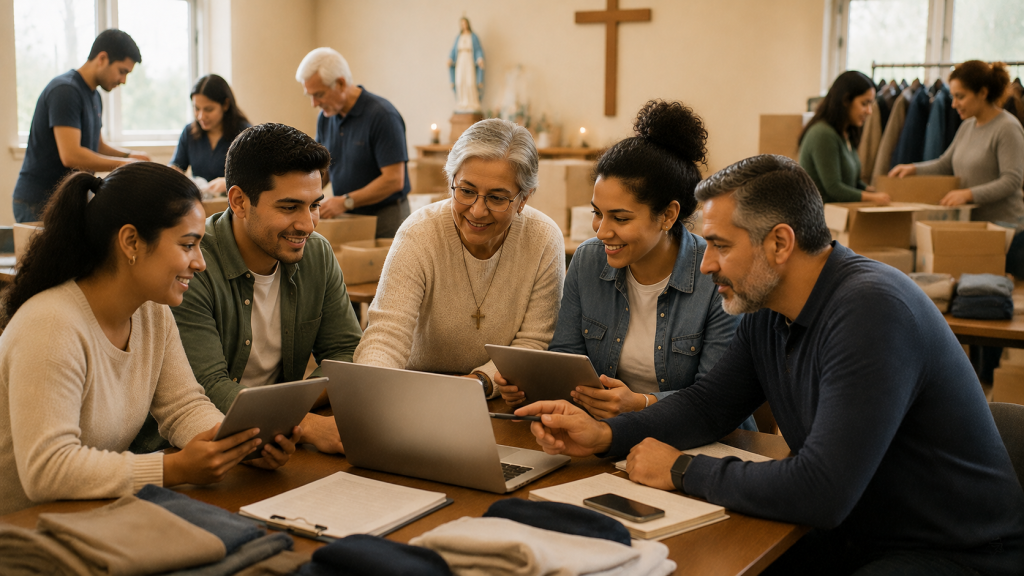 Comunidad católica utilizando herramientas digitales para servicio y formación espiritual