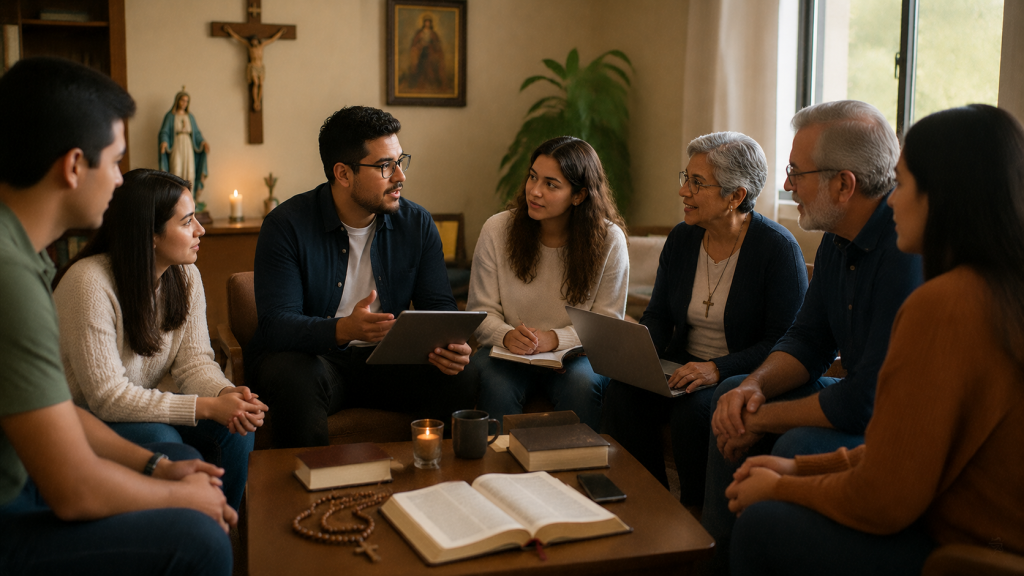 Grupo católico reflexionando sobre inteligencia artificial y valores cristianos