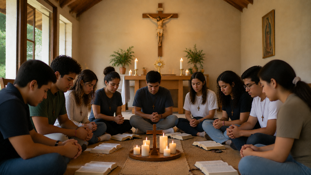 Grupo de jóvenes católicos reunidos en oración durante un retiro espiritual comunitario
