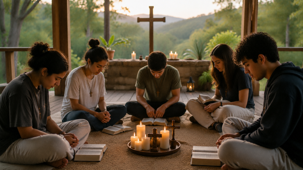 Jóvenes católicos meditando y reflexionando durante un retiro espiritual tranquilo