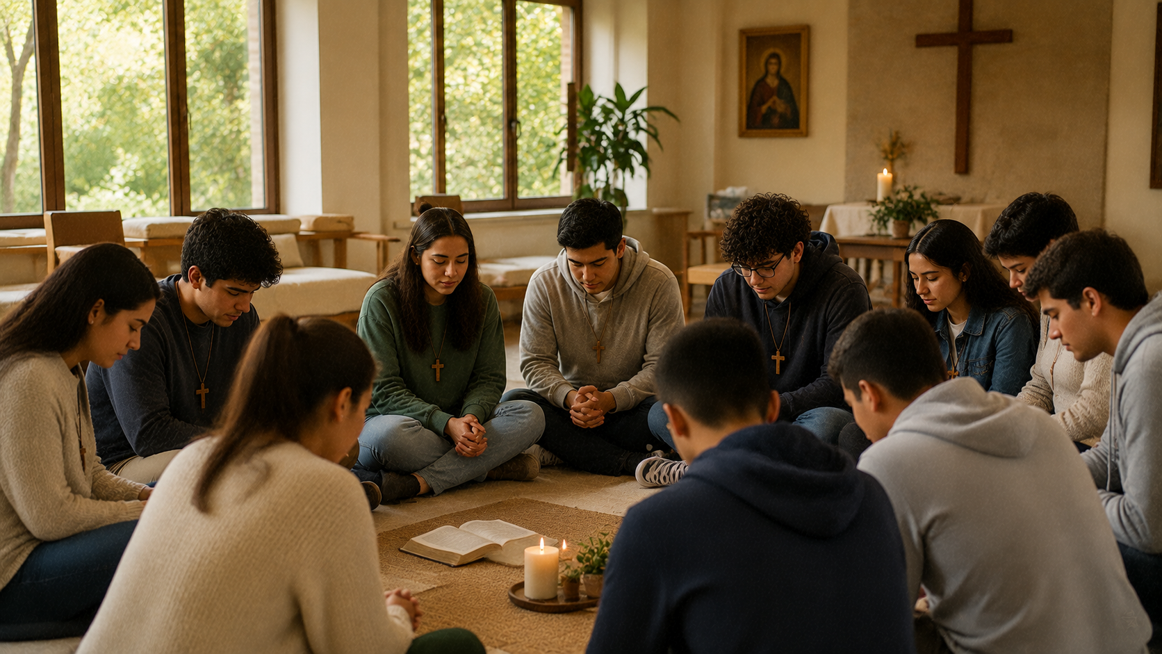 Jóvenes católicos participando en un retiro espiritual de oración y reflexión comunitaria
