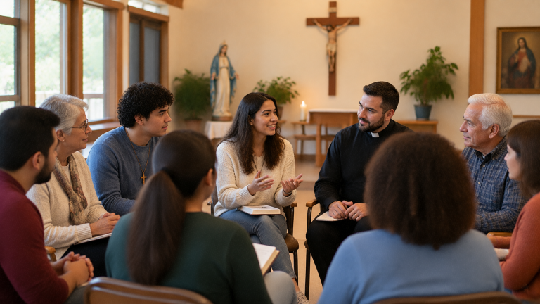 Católicos participando en una reunión comunitaria sobre sinodalidad y diálogo en la Iglesia