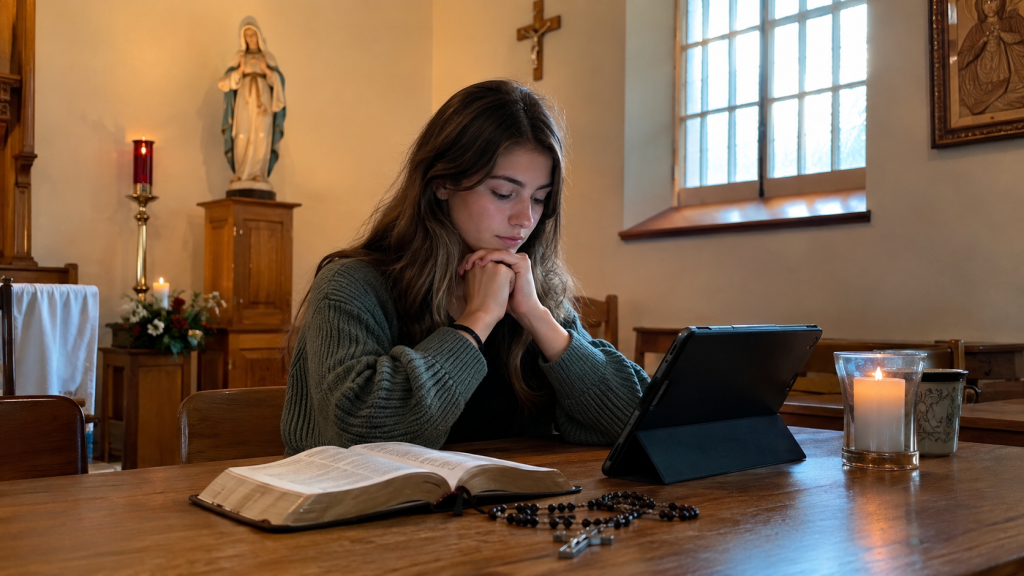 Joven católico combinando tecnología digital con oración y formación sobre la Eucaristía