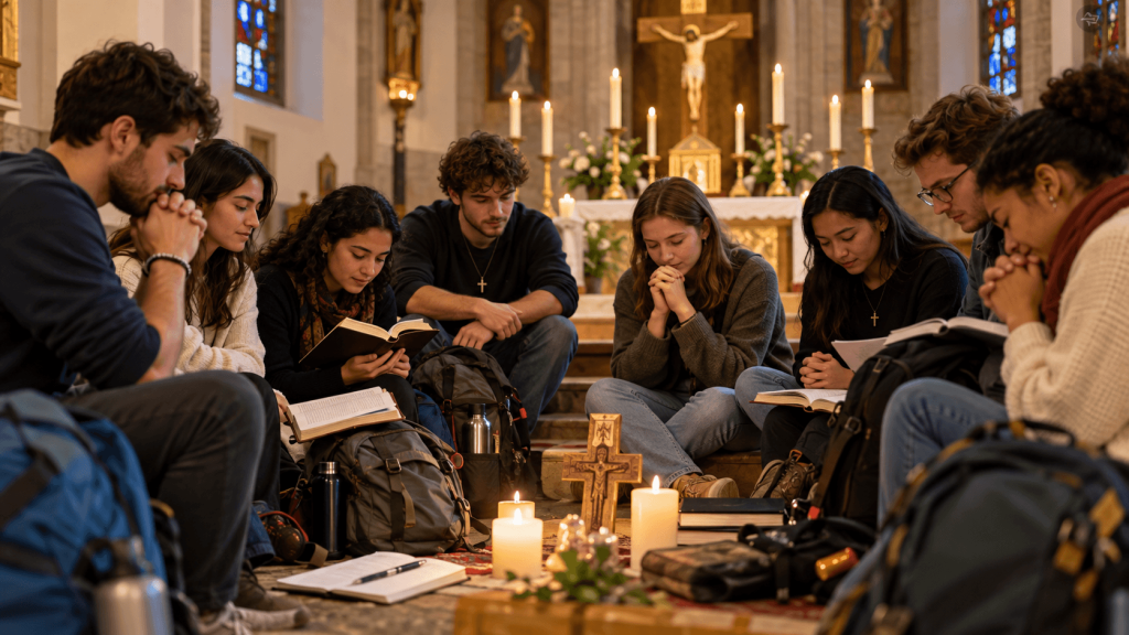 Jóvenes católicos en oración durante la preparación para la JMJ Seúl