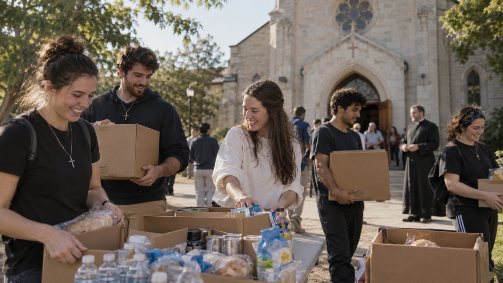 Jóvenes católicos participando en servicio comunitario después de una jornada de adoración