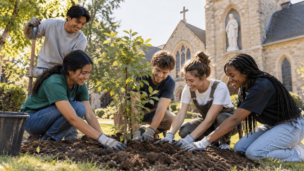 Jóvenes católicos participando en una iniciativa ambiental durante el camino hacia la JMJ Seúl
