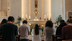 Jóvenes católicos reunidos en adoración eucarística durante un momento de oración y silencio