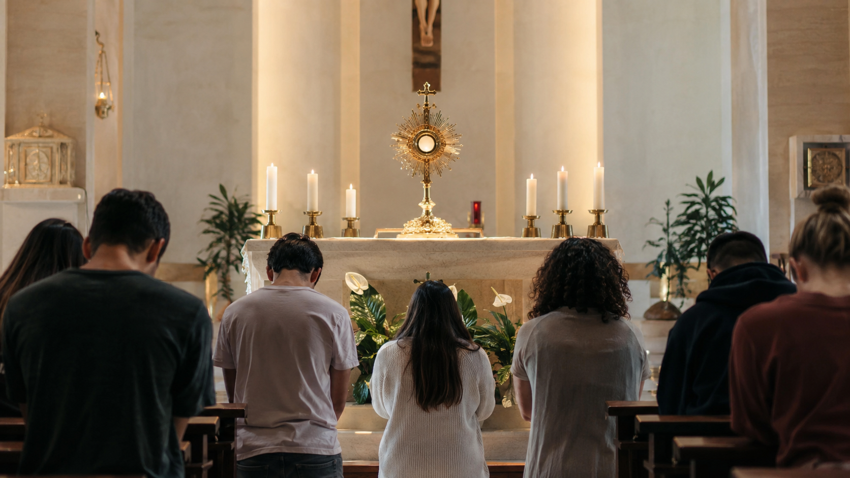 Jóvenes católicos reunidos en adoración eucarística durante un momento de oración y silencio