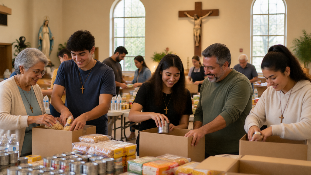 Laicos católicos jóvenes y adultos colaborando en actividades de una comunidad parroquial