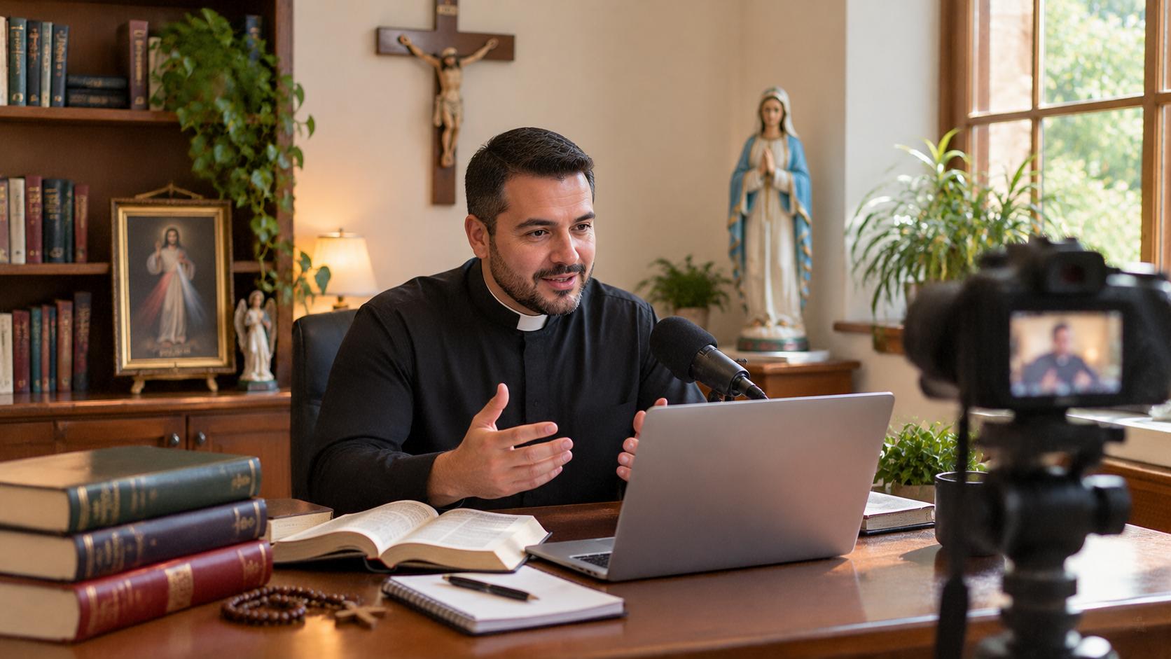 Sacerdote católico creando contenido digital para evangelización mediante redes sociales