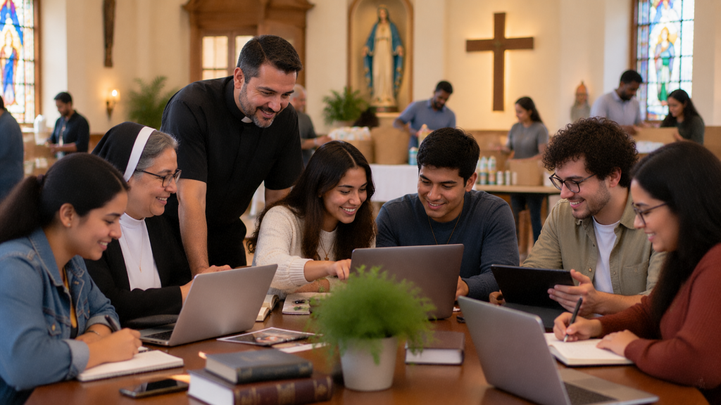 Voluntarios católicos utilizando tecnología digital para evangelización y servicio comunitario