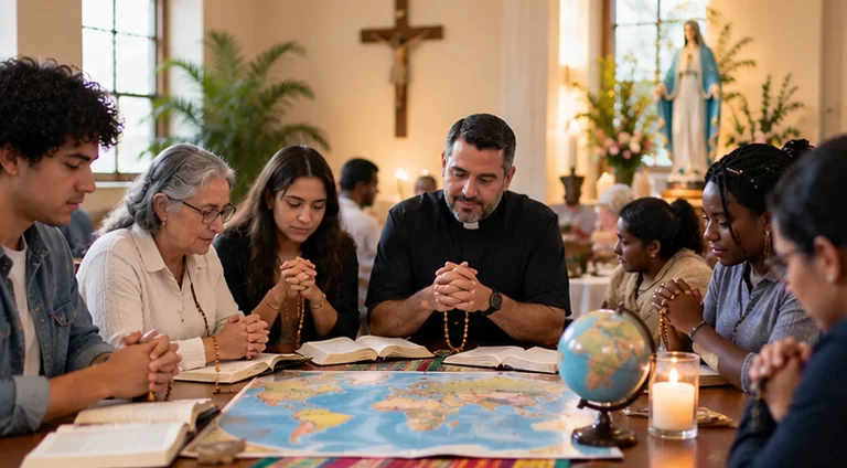 Comunidad católica de distintas edades rezando por la Jornada Mundial de las Misiones 2026