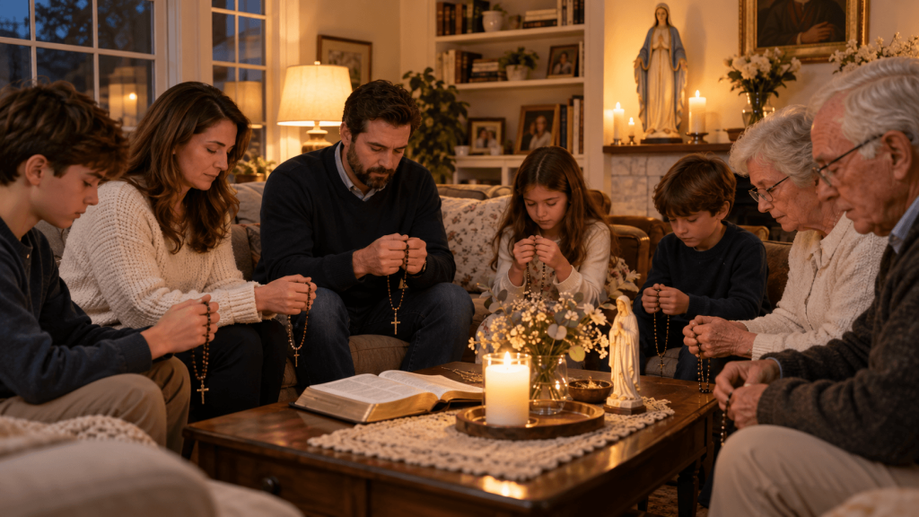 Familia católica rezando el Rosario por la paz en el hogar